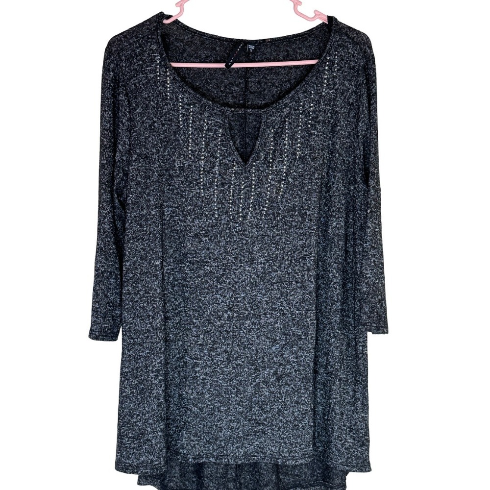Obsession Tunic Top Womens 1X Gray Rhinestone Marled Knit 3/4 Sleeve High Low AE